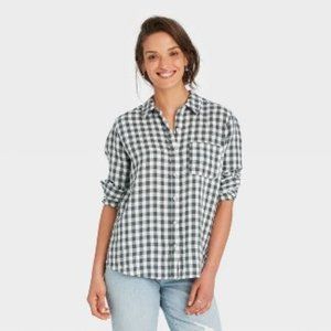 Universal Thread™-Women's Long Sleeve Gauze Button-Down Shirt-Green Plai…